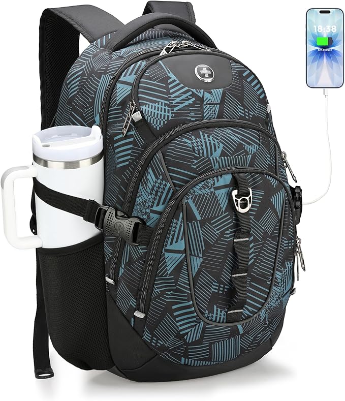 Swissdigital Laptop Backpack with USB Charging Port, Travel Backpack Fits 15.6 inches Computer, 31L Backpack for Men, Dark Green | SD803-96