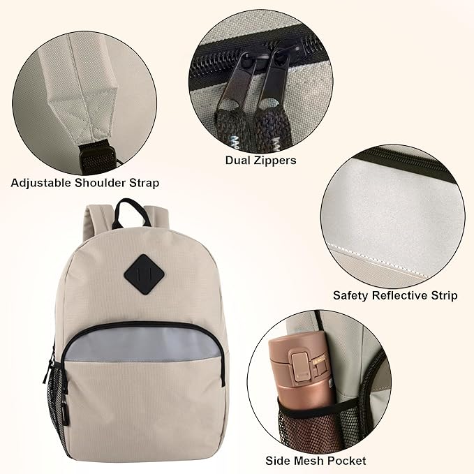 Trail maker Reflective School Backpack for Kids | Colorful Backpack with Adjustable Straps, Side Water Bottle Pockets (Khaki)