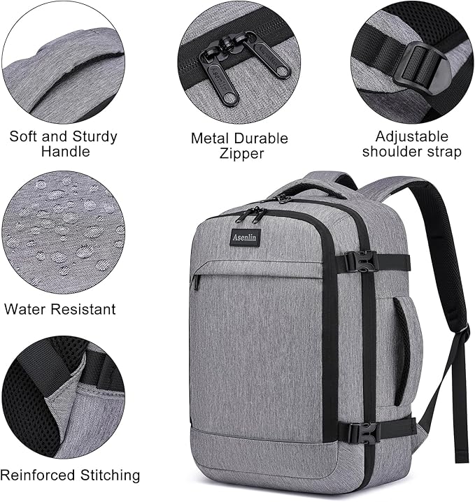 Asenlin Travel Backpack for Women Men,Flight Approved Carry On Luggage 30L Water Resistant Business Mochila Work Laptop Backpacks Fits TSA 15.6 Inch Computer College Weekender Outdoor Hiking-Grey