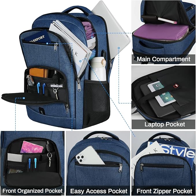 RAINSMORE Laptop Backpack 17 Inch Large Travel Backpack for Men Women Waterproof Computer Work Business College Bookbag TSA Friendly Carry on Backpack with USB Port, Blue