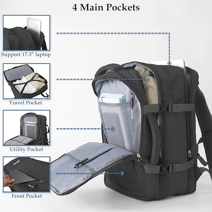 Travel Backpack, Expandable Large Capacity Business Work, Water Repellent Carry On Daypack with USB Charging Port, Fit 17 Inch Laptop, Bag for Men and Women, Black