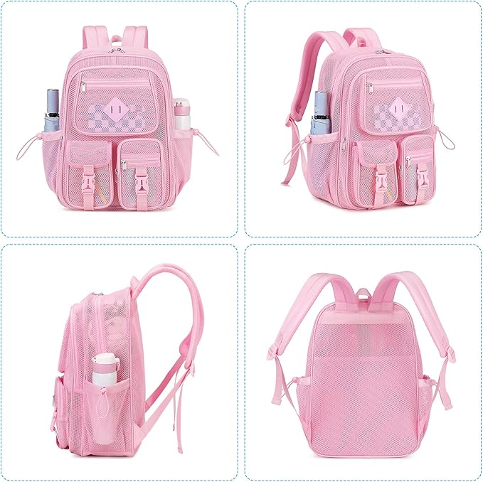 MOONBABY Mesh Backpack for School Heavy Duty See Through Net Bookbag Girls Semi-Transparent Net Back Pack for Beach, Swimming, Sports, Work, Travel (Pink)