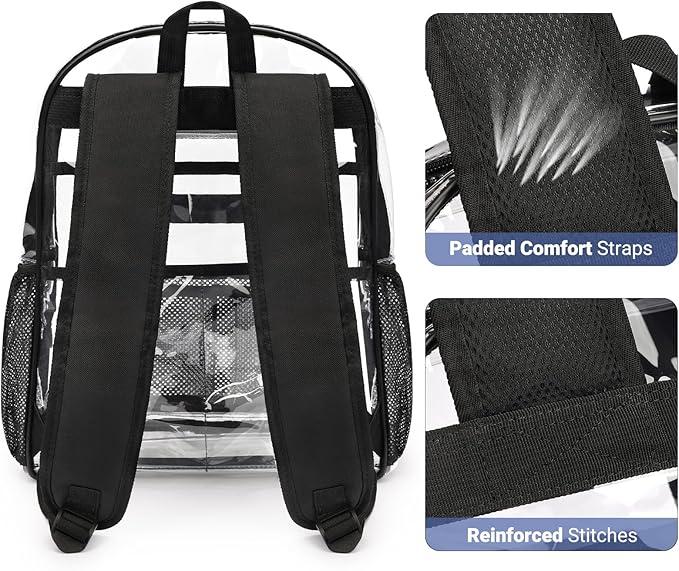 ZORFIN Clear Backpack Heavy Duty for School – 17in Transparent PVC Bag with Large Capacity & Reinforced Straps for Men, Women, Boys & Girls - See Through Bookbag for College Workplace Security, Black