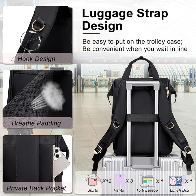 Weitars Lunch Backpack For Women,15.6 Inch Laptop Backpacks For Womens Back pack, Travel Backpacks,Work Backpack For Women (Black)