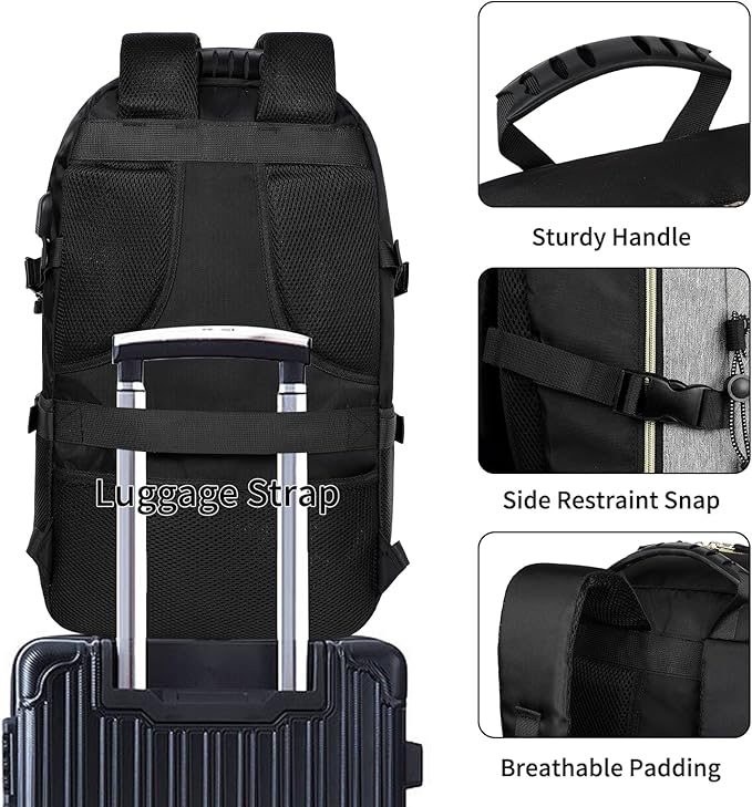 GAEKEAO Travel Backpack For Women Men Airline Approved 16 Inch Carry On Backpack with USB Charging Port Lightweight Casual Daypack for Hiking Business College Black with Grey