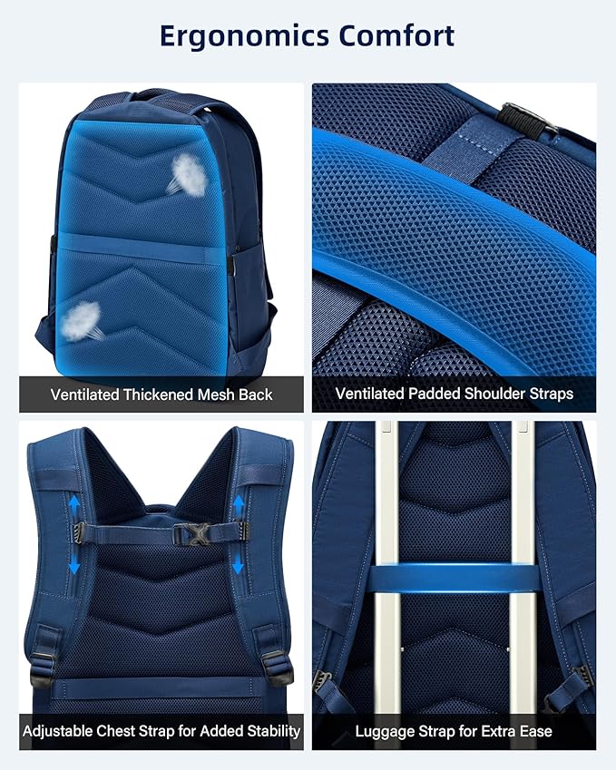 Travel Laptop Backpacks for Women Men, Large Work Backpack for Commuter College School Book Bags, Reflective Water Resistant Backpack with Luggage Strap Bottle Pocket Chest Strap, Navy Blue