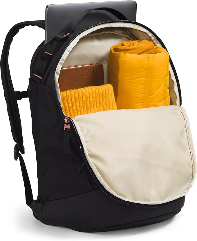 The North Face Women's Isabella Transit Backpack | Commuter Travel Bag with 16" Laptop Sleeve, Water-Repellent Finish, Women-Specific Fit, TNF Black Light Heather/Burnt Coral Metallic-NPF, One Size