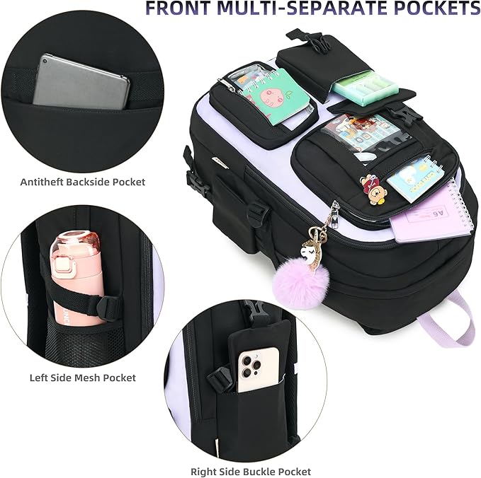 Backpack for Girls with Accessories Laptop Bookbags 16 Inch Kawaii Kids Elementary Middle High School Bag College Travel Daypack Gifts for Teens Women Students (Black Purple)