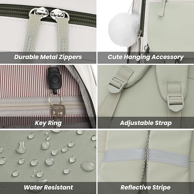 School Backpack for Teen Girls, Cute College Backpacks for Women Students Aesthetic Bookbag Large 15.6 Inch Laptop Bag Middle School Travel Back Pack (Beige-Green-Dark Olive Green)