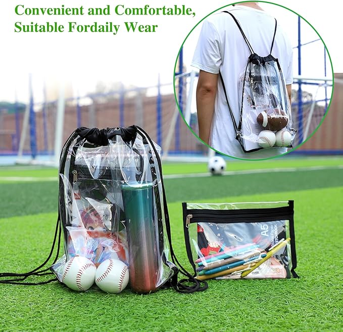 Clear Drawstring Bag, 17x13in Transparent Backpack, Clear Bag for Stadium Approved Concert Baseball Festival Beach Makeup Gym Bag (1, Black)