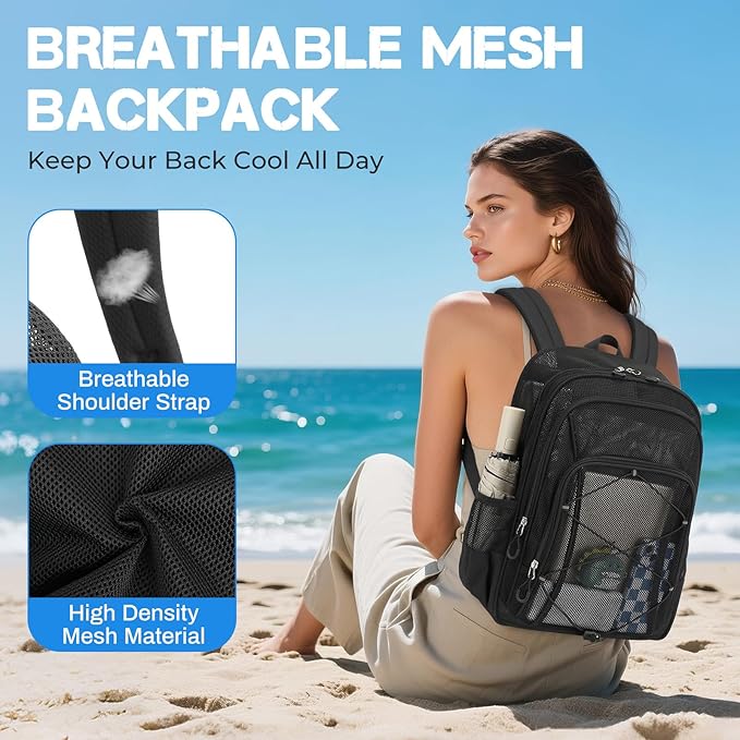 Mesh Backpack, Heavy Duty Mesh Bookbag for Girls Boys Kids, See Through Clear Backpacks, Net Backpack Transparent Breathable for School Beach Swim Travel Outdoor, Black
