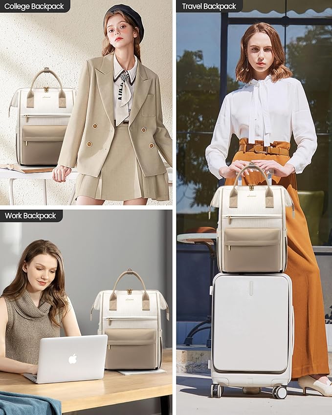 LOVEVOOK Laptop Backpack for Women 15.6 Inch, Travel Backpack with USB Charging Port Large Capacity Laptop Bag, Waterproof Bag for Business College Airline Approved Work Backpack(Beige)