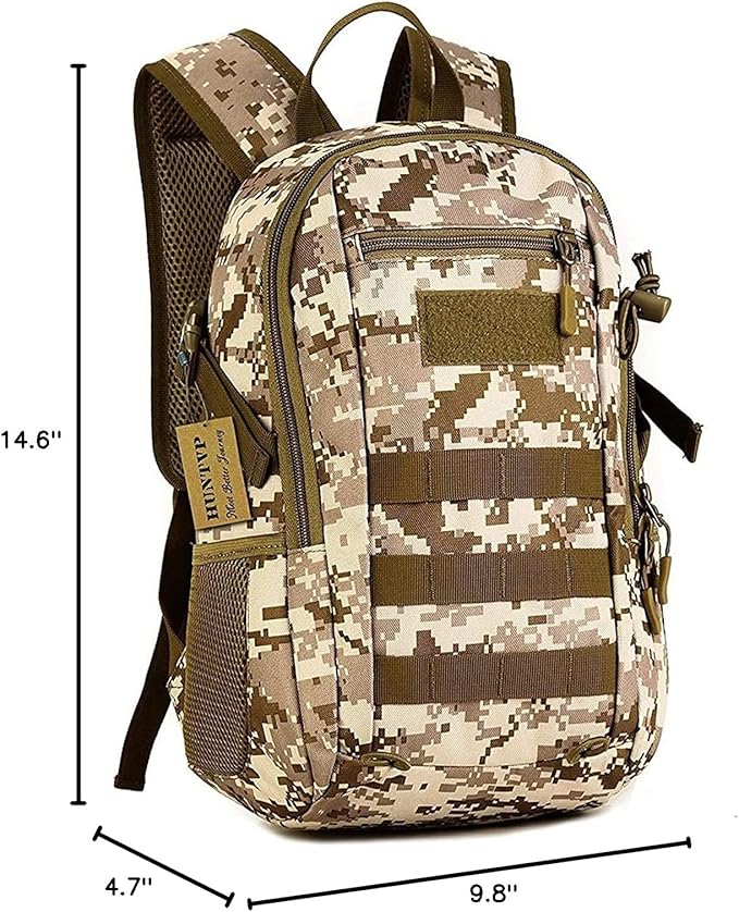HUNTVP 10L Tactical Backpack Small Backpack Mini Daypack Military MOLLE Rucksack Gear Tactical Assault Pack Bag for Hunting Camping Trekking(10L-Desert Camouflage)