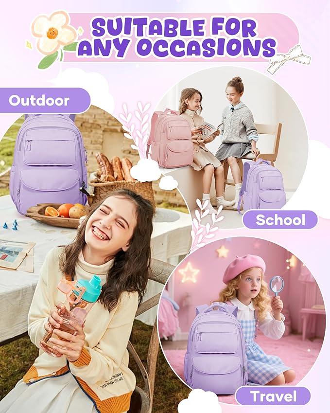 Backpack for Girls,Kids School Backpack Girls Cute Kindergarten Elementary Preschool Middle School Bags Kids Teens Aesthetic Bookbag Kawaii Backpacks Student Daypack Purple