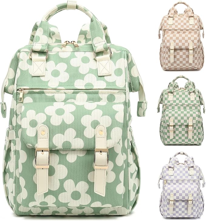 Corduroy Laptop Backpack for Women 15.6 Inch Stylish College School Bookbag, Business Work & Travel Computer Backpacks (Flowers Green)