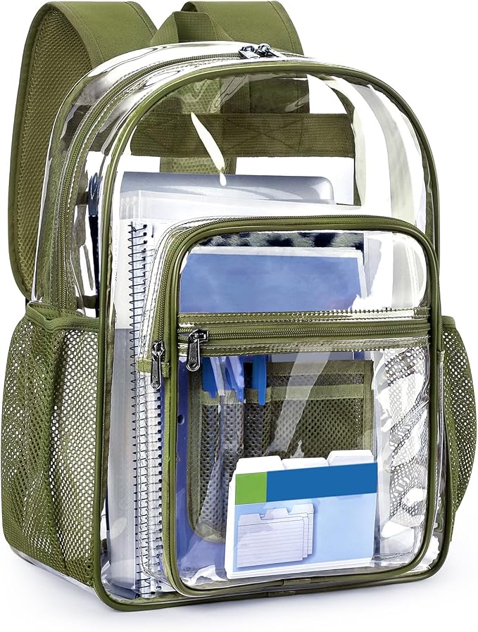ZORFIN Clear Backpack Heavy Duty for School & Work – 17in Transparent PVC Bag with Large Capacity & Reinforced Straps – See Through Bookbag for Men, Women, Boys & Girls, Workplace Security - Green