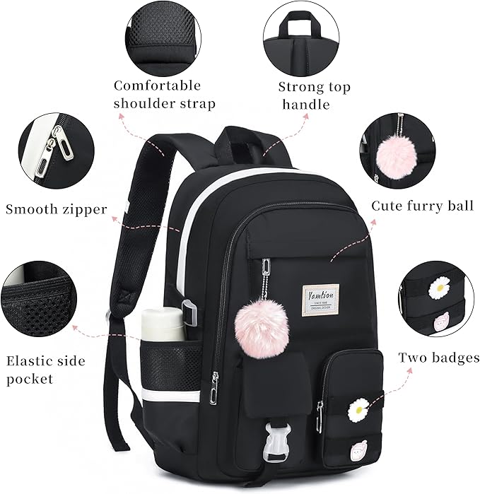 YAMTION School Backpack for Teen Girls,15.6in Laptop Backpack Kids Bookbag for Middle School College Students,Cute School Bag for Women,Black
