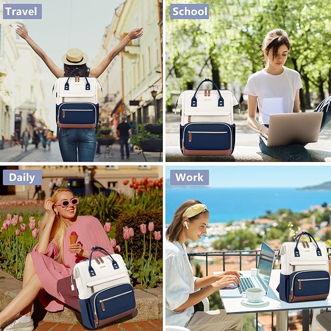 Laptop Backpack for Womem Work Bags: 15.6 Inch Travel BackPacks Durable Back Pack With USB Charging Port Anti Theft Fashion College BookBag Purse Bussiness Daypack for Nurse Teacher Navy Beige