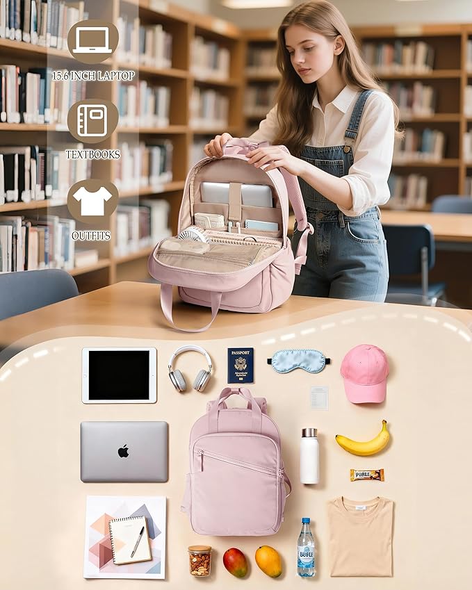 Women Backpack with 15.6” Laptop Sleeve for Travel, Work and College, Lightweight Water-resistant Backpack for Women with 8 Pockets, Pink