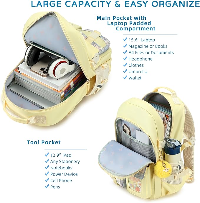 Backpack for Girls, 15.6 Inch Laptop School Bag Kids Kindergarten Elementary College Backpacks Large Bookbags for Teen Girl Women Students Casual Travel Daypacks (Yellow)