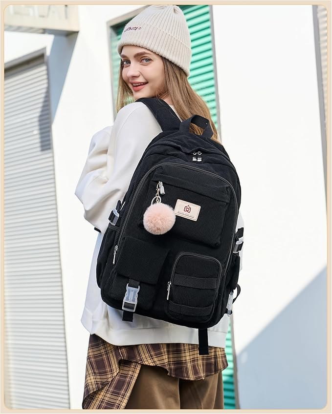 Hidds School Backpack for Teens Girls Women 15.6 Inch Laptop College Backpacks Corduroy Work Bag Kids Elementary Middle High Campus Bookbag Students Back Pack Anti Theft Travel Daypack Womens - Black