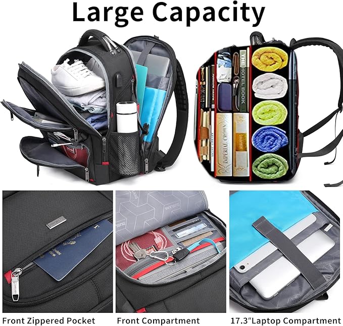 DUSLANG 50L Travel Laptop Backpack for Men Women, Extra Large Heavy Duty Big Carry on Backpack for Weekend Airline Approved Fits 17 Inch Computer, Black