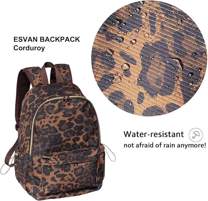 ESVAN Corduroy Backpack Lightweight Fashion 17 inch Laptop Bag for Women Casual College (Corduroy leopard print)