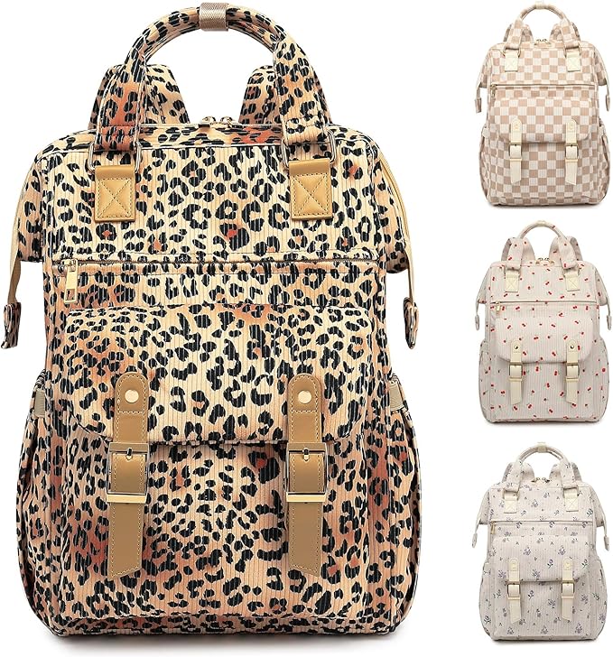 Corduroy Laptop Backpack for Women 15.6 Inch Stylish College School Bookbag, Business Work & Travel Computer Backpacks (Leopard Brown)