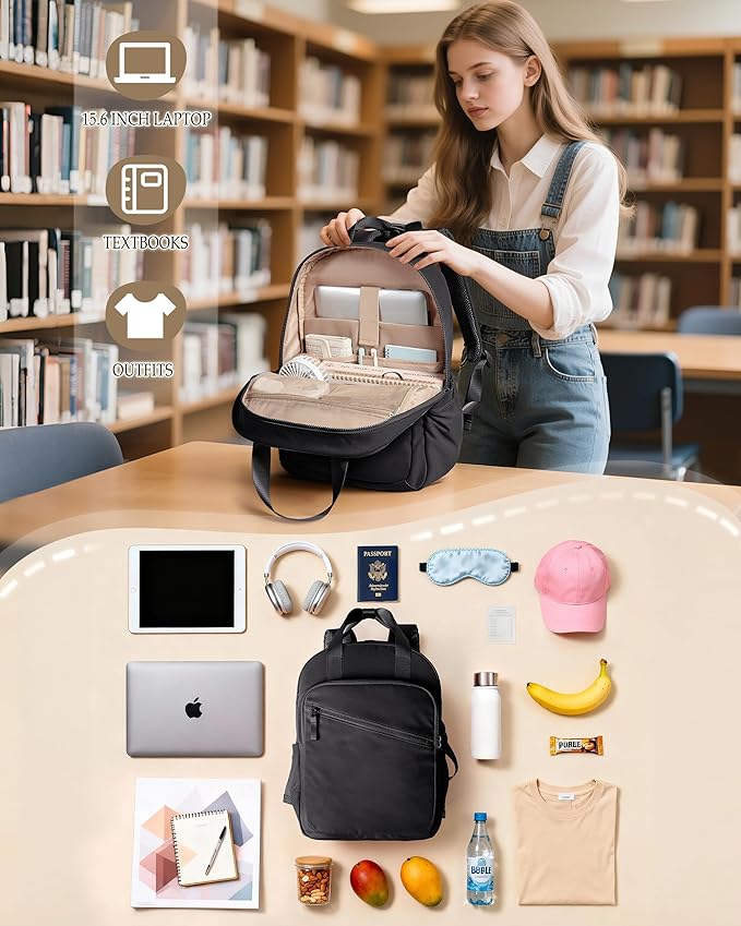 Women Backpack with 15.6” Laptop Sleeve for Travel, Work and College, Lightweight Water-resistant Backpack for Women with 8 Pockets, Black