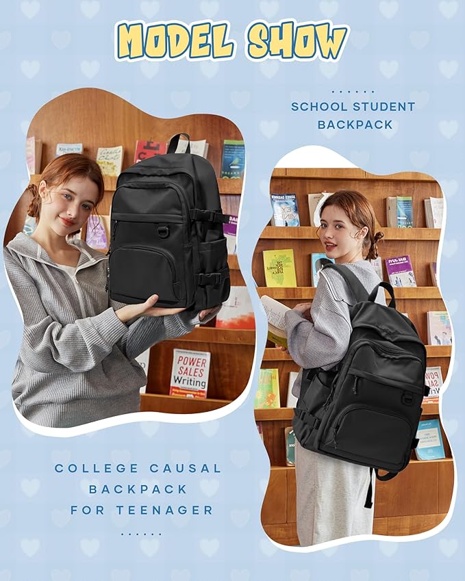 Black Lightweight Backpack for College & High School Backpack With Lots of Pockets Cute School Bag for Girls Boys, Large Capacity Bookbag for Women Men, Waterproof Teens Casual Daypack Backpack