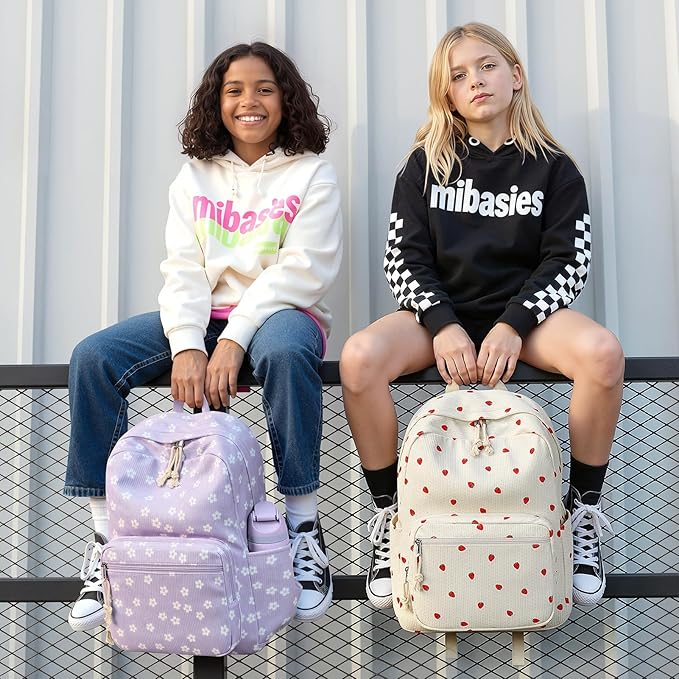 mibasies School Backpack for Girls with Laptop Sleeve: 18IN Large Capacity Corduroy Bookbag for Primary Middle School/College, Travel Daypack for Teens Women - Purple Flower