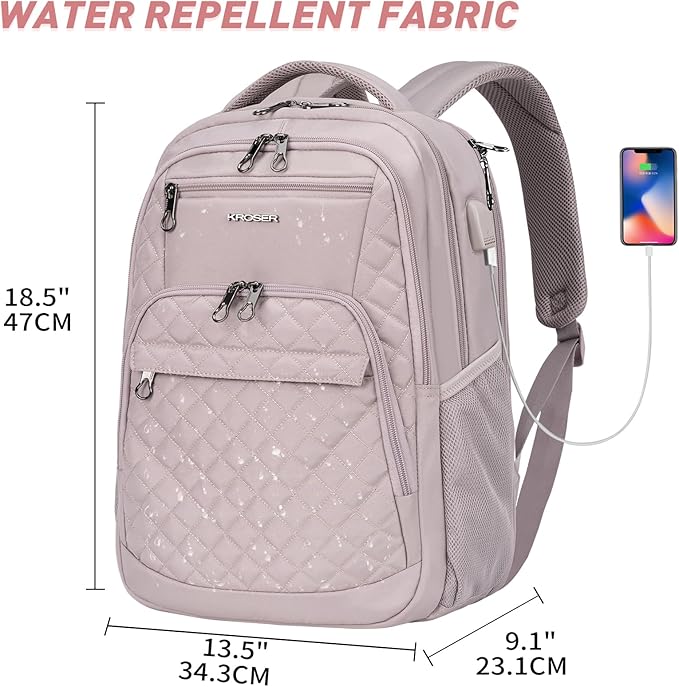 KROSER Travel Laptop Backpack 17 Inch Large Computer Backpack Water-Repellent Daypack with USB Charging Port & Headphone Interface RFID Pockets for Work/Business/College/Men/Women Dusty Pink(Quilted)