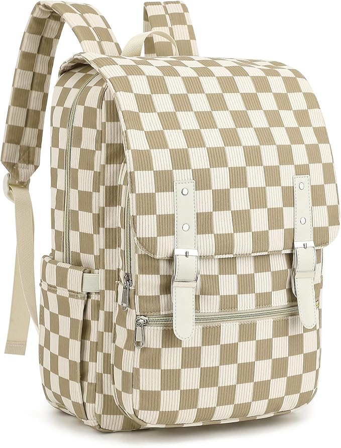 Corduroy Travel Backpack for Women, 15.6 Inch College Laptop Backpack, Fashion School Bookbag Work Backpacks (Corduroy Checkered Khaki)