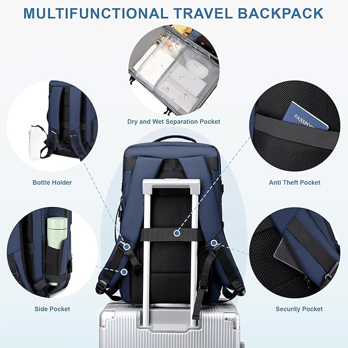 Carry On Travel Backpack, 35L-40L Expandable Extra Large Airline Approved,Lightweight Daypack for Men and Women（Blue）
