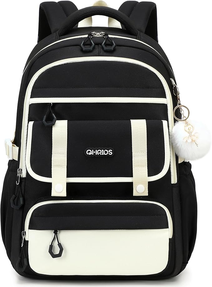 School Backpack for Girls, Laptop Backpack 15.6 Inch Kids Elementary Middle High School Bag Anti Theft Cute College Bookbags for Teens Girls Women Students Casual Travel Daypack,Black Beige