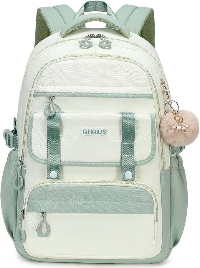 School Backpack for Girls, Laptop Backpack 15.6 Inch Kids Elementary Middle High School Bag Anti Theft Cute College Bookbags for Teens Girls Women Students Casual Travel Daypack,Green Beige