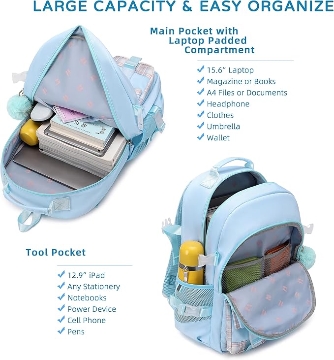 Backpack for Girls, 15.6 Inch Laptop School Bag Kids Kindergarten Elementary College Backpacks Large Bookbags for Teen Girl Women Students Casual Travel Daypacks (Blue)