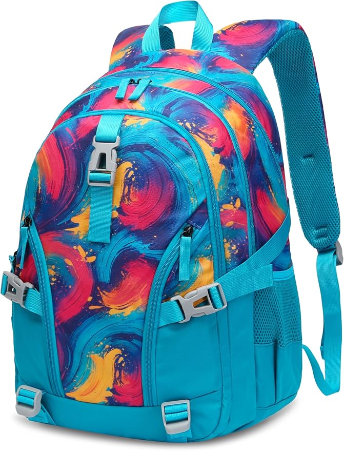 BLUEFAIRY High School Backpack for Girls Boys Middle School Bookbag for Kids Back to School Bag for College with Large Compartment Casual Daypack Mochilas para Niñas Adolescentes 18" Tie Dye Teal