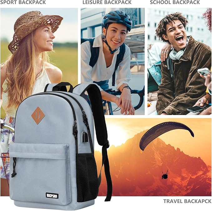 Backpack for Women Men, Casual School Backpack for Girls Boys Teens, 17.3 Inch Laptop Bookbag with USB Charger for College High School back pack lightweight mochilas para hombres, Grey