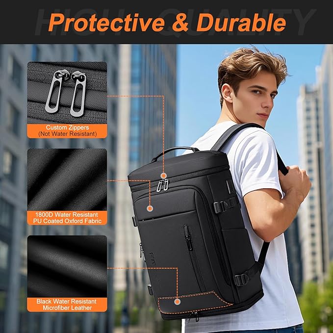 FENRUIEN Travel Backpack with Shoe Compartment, Water Resistant Backpack Carry On Luggage with USB Charging Port, Black