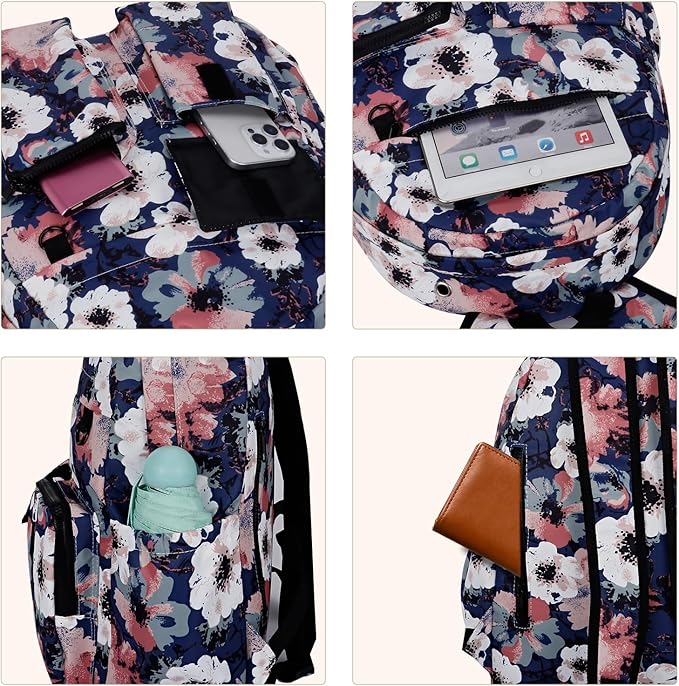 Women's Water-resistant Daypack Backpack, 15.6 Inch Laptop Compartment & Anti-Theft Pocket, Adjustable Padded Straps for Commuting, Travel, Work, College, Anemone