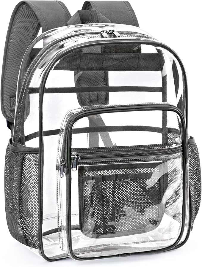 ZORFIN Clear Backpack Heavy Duty for School & Work – 17in Transparent PVC Bag with Large Capacity & Reinforced Straps – See Through Bookbag for Men, Women, Boys & Girls, Workplace Security - Grey