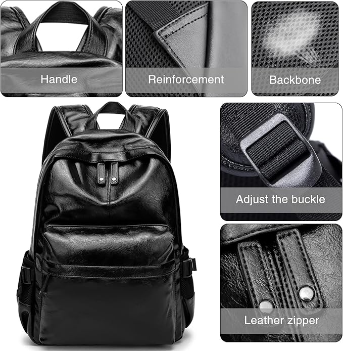 Leather Laptop Backpack for Men Women, School College Bookbag Casual Travel Daypack (Black)