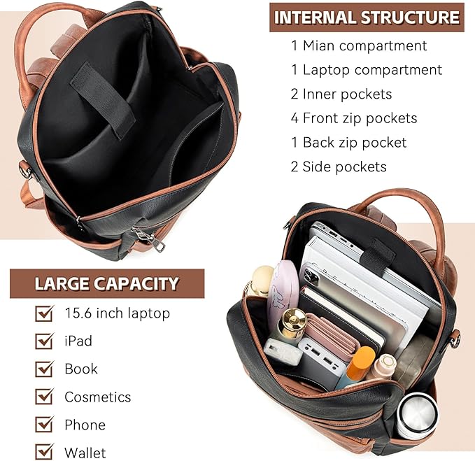 Vegan Leather Laptop Backpack for Women 15.6 Inch Work Backpack Purse for Travel College