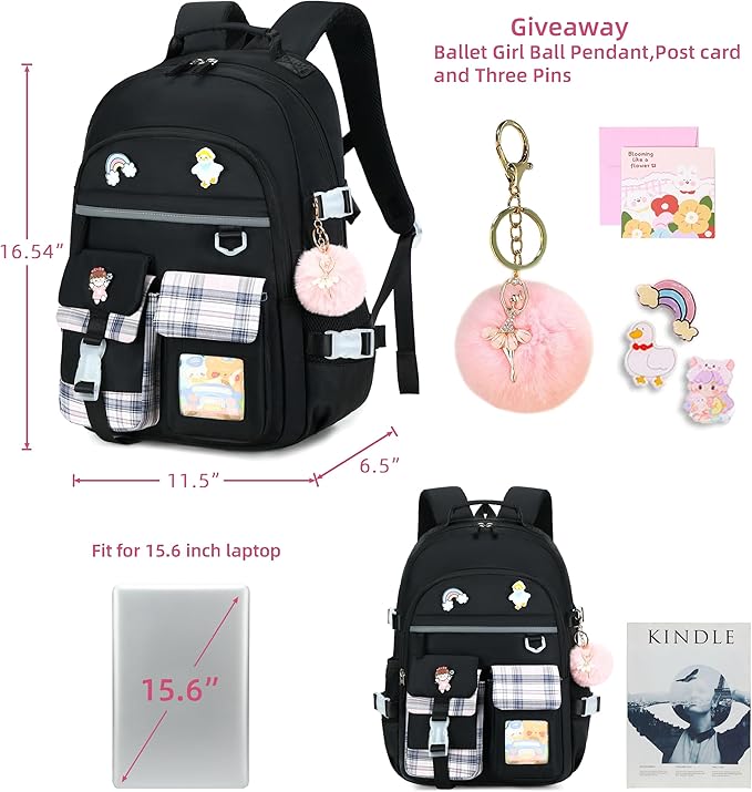 Backpack for Girls, 15.6 Inch Laptop School Bag Kids Kindergarten Elementary College Backpacks Large Bookbags for Teen Girl Women Students Casual Travel Daypacks (Black)