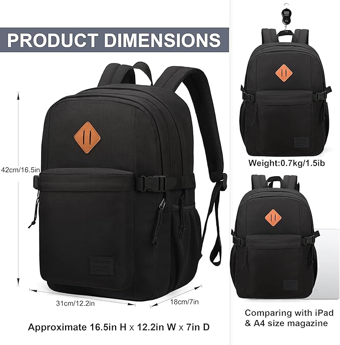 SUPACOOL Black Backpack For School, Bookbag for Boys, Girls and Kids, Boys backpacks, Laptop Compartment,Travel Backpack for Men and Women(Black) | For School, Bookbag, Boys backpacks, Travel Backpack