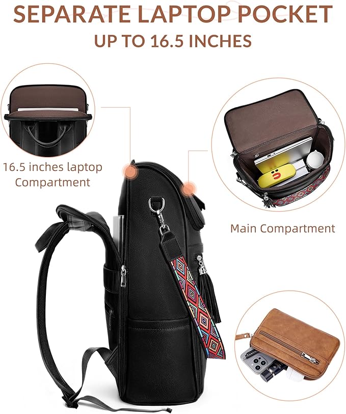 Leather Laptop Backpack for Women Designer Laptop Bag, 16.5 inch Travel Computer Backpacks Purse with Tassel for Work Business with Satchel Purse Black