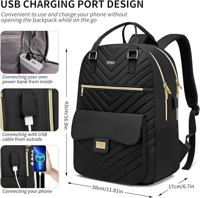 School Backpack Aesthetic for Teen Girls,Laptop Bag Bookbag with USB Port for Women College Student,Mochilas de Mujer,Black