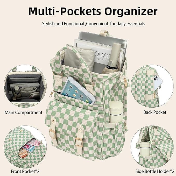 Corduroy Laptop Backpack for Women 15.6 Inch Stylish College School Bookbag, Business Work & Travel Computer Backpacks (Checkered Green)