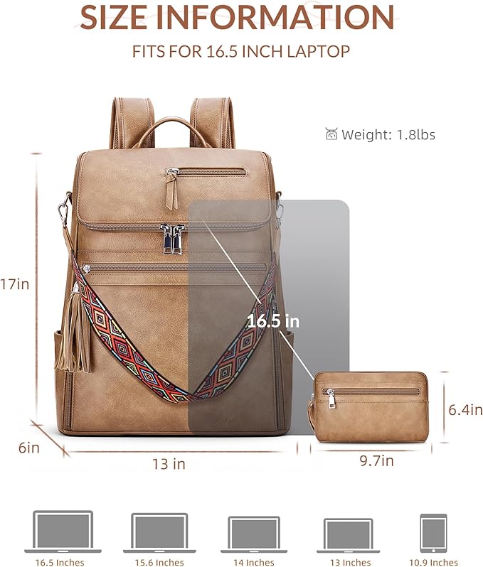 Leather Laptop Backpack for Women Designer Laptop Bag, 16.5 inch Travel Computer Backpacks Purse with Tassel for Work Business with Satchel Purse Camel Brown